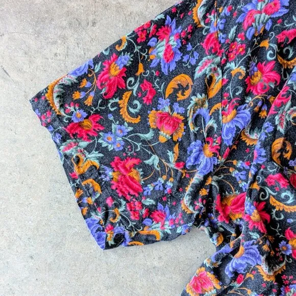 Vintage Black Pink Purple Floral Tie Waist Top and Flowy Shorts Set large