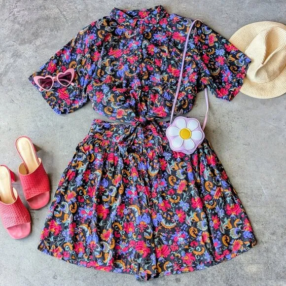 Vintage Black Pink Purple Floral Tie Waist Top and Flowy Shorts Set large