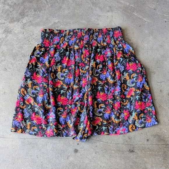 Vintage Black Pink Purple Floral Tie Waist Top and Flowy Shorts Set large
