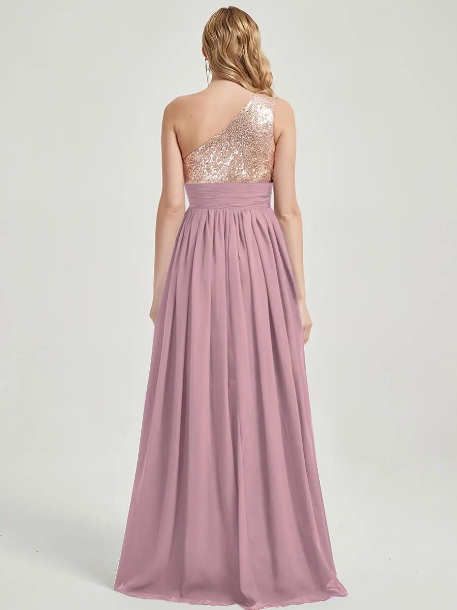 Vintage Mauve One-Shoulder Sequin Chiffon Maxi A-Line Bridesmaid Dress