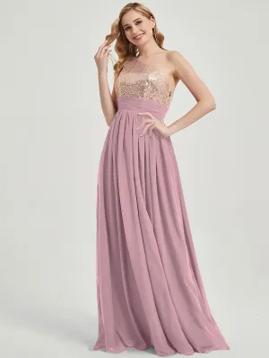Vintage Mauve One-Shoulder Sequin Chiffon Maxi A-Line Bridesmaid Dress