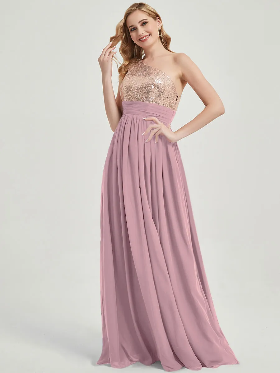 Vintage Mauve One-Shoulder Sequin Chiffon Maxi A-Line Bridesmaid Dress