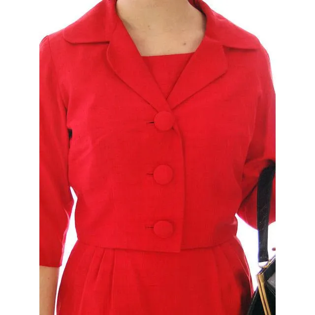 Vintage True Red Raw Silk 2 Pc Dress 1950s 34-24-34