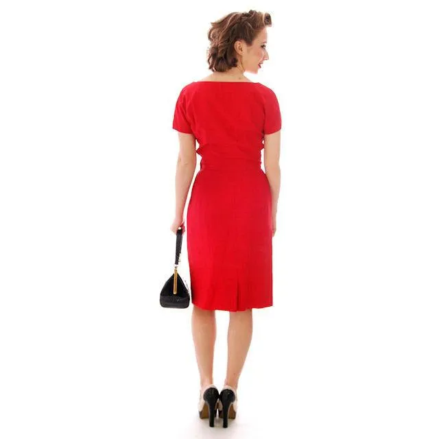 Vintage True Red Raw Silk 2 Pc Dress 1950s 34-24-34