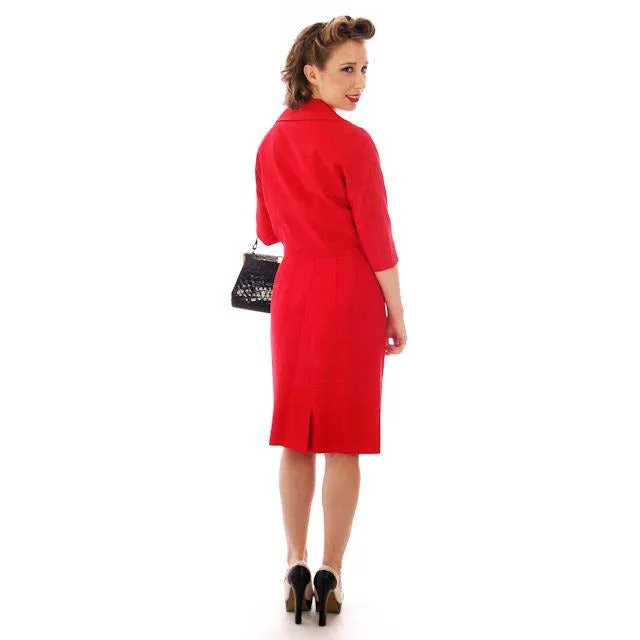 Vintage True Red Raw Silk 2 Pc Dress 1950s 34-24-34