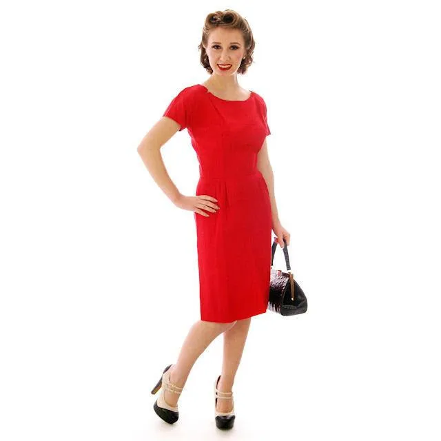 Vintage True Red Raw Silk 2 Pc Dress 1950s 34-24-34