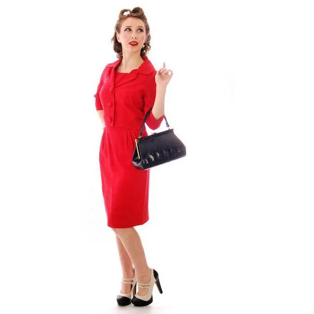 Vintage True Red Raw Silk 2 Pc Dress 1950s 34-24-34