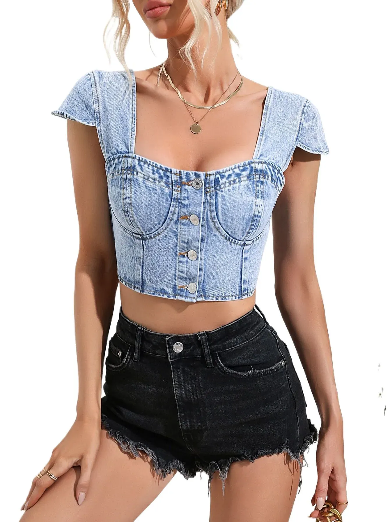 Vixen Button-Up Denim Corset Crop Top