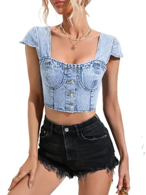 Vixen Button-Up Denim Corset Crop Top