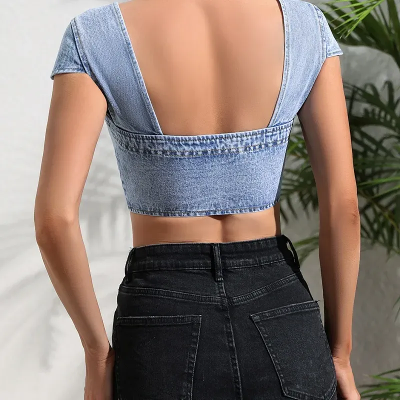 Vixen Button-Up Denim Corset Crop Top