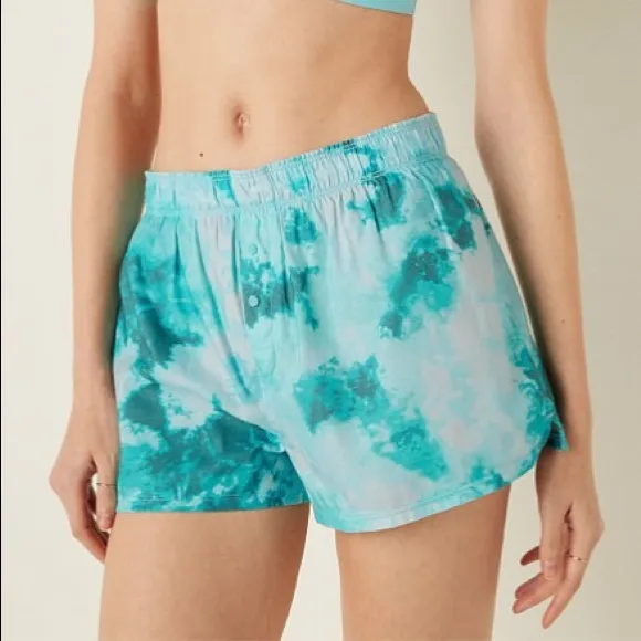 Vs Victorias Secret Pink Flannel Sleep Boxy Short Shortie Blue Breeze Tie Dye M