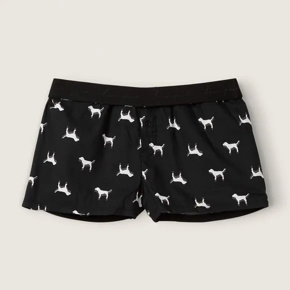 Vs Victorias Secret Pink Flannel Sleep Boxy Short Shortie Pure Black Dogs L