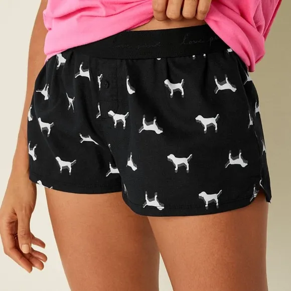 Vs Victorias Secret Pink Flannel Sleep Boxy Short Shortie Pure Black Dogs L