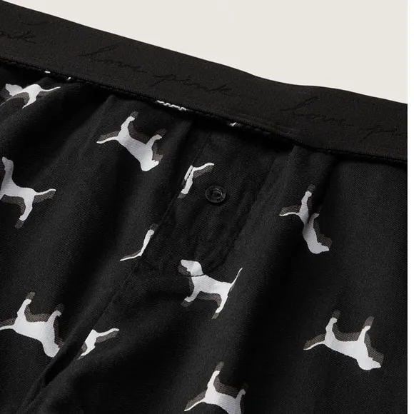 Vs Victorias Secret Pink Flannel Sleep Boxy Short Shortie Pure Black Dogs S