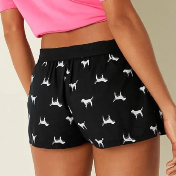 Vs Victorias Secret Pink Flannel Sleep Boxy Short Shortie Pure Black Dogs XL