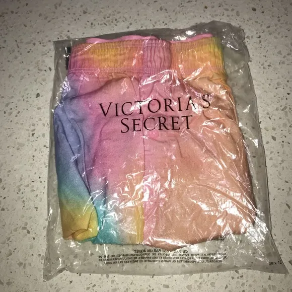 Vs Victorias Secret Pink Flannel Sleep Boxy Short Shortie Rainbow Tie Dye L