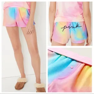 Vs Victorias Secret Pink Flannel Sleep Boxy Short Shortie Rainbow Tie Dye M
