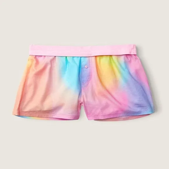 Vs Victorias Secret Pink Flannel Sleep Boxy Short Shortie Rainbow Tie Dye S