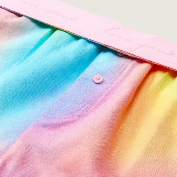 Vs Victorias Secret Pink Flannel Sleep Boxy Short Shortie Rainbow Tie Dye XL