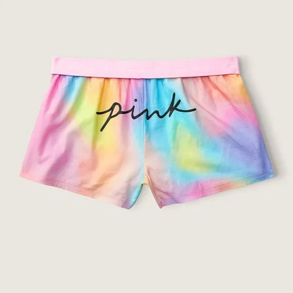 Vs Victorias Secret Pink Flannel Sleep Boxy Short Shortie Rainbow Tie Dye XL