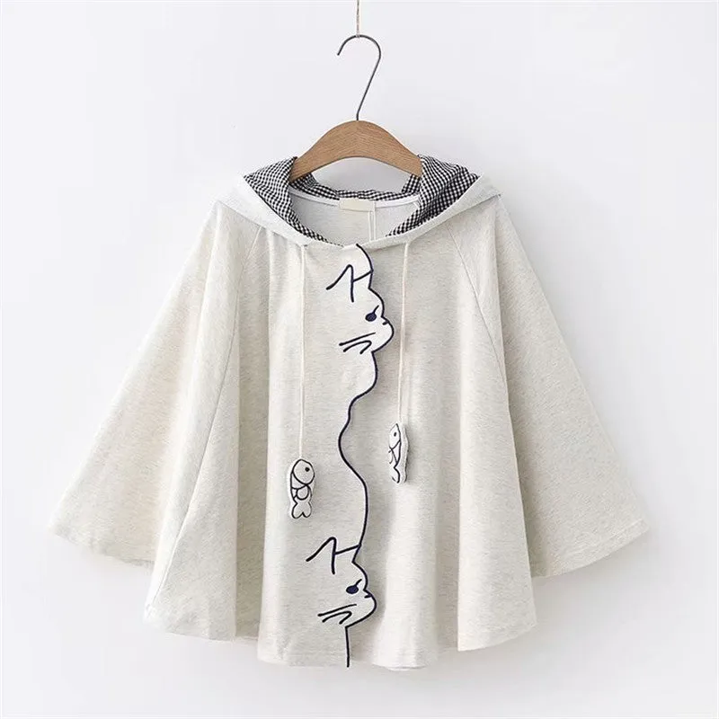WAVY SIDE CAT FISH EMBROIDERED CAPE HOODIE UB3136