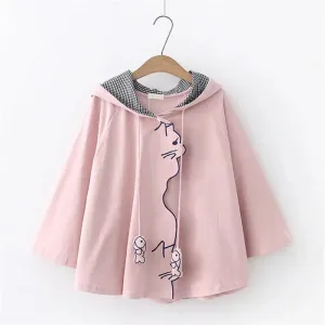 WAVY SIDE CAT FISH EMBROIDERED CAPE HOODIE UB3136