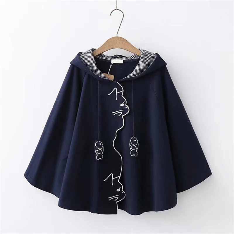 WAVY SIDE CAT FISH EMBROIDERED CAPE HOODIE UB3136
