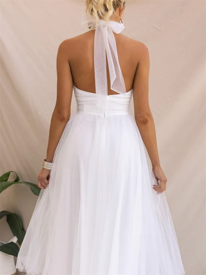Wedding Elegant Backless Stand Collar Flowy Dress for Lady