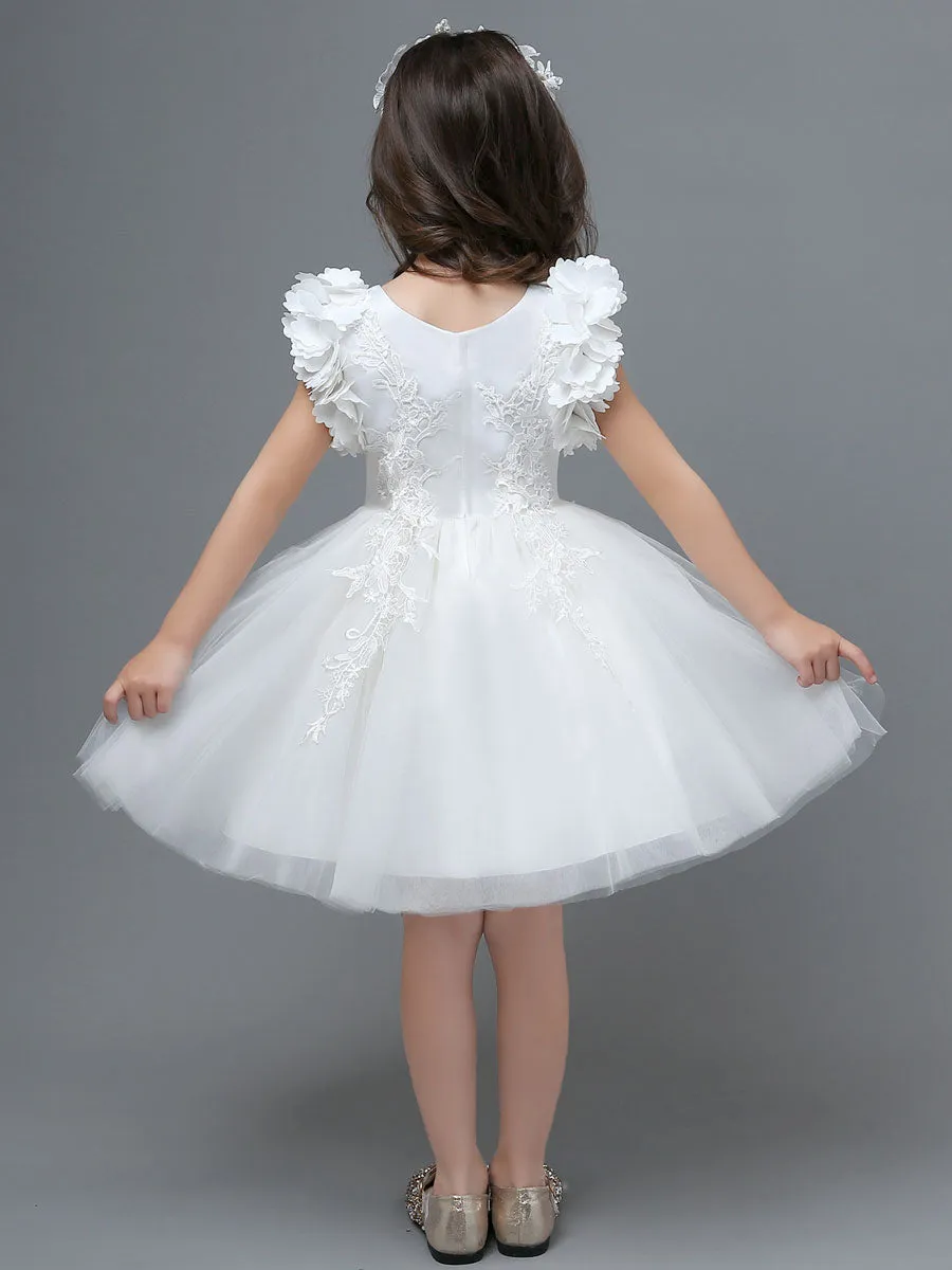 White A-Line Zipper V-Neck Sleeveless Tulle Flowers Kids Party Dresses