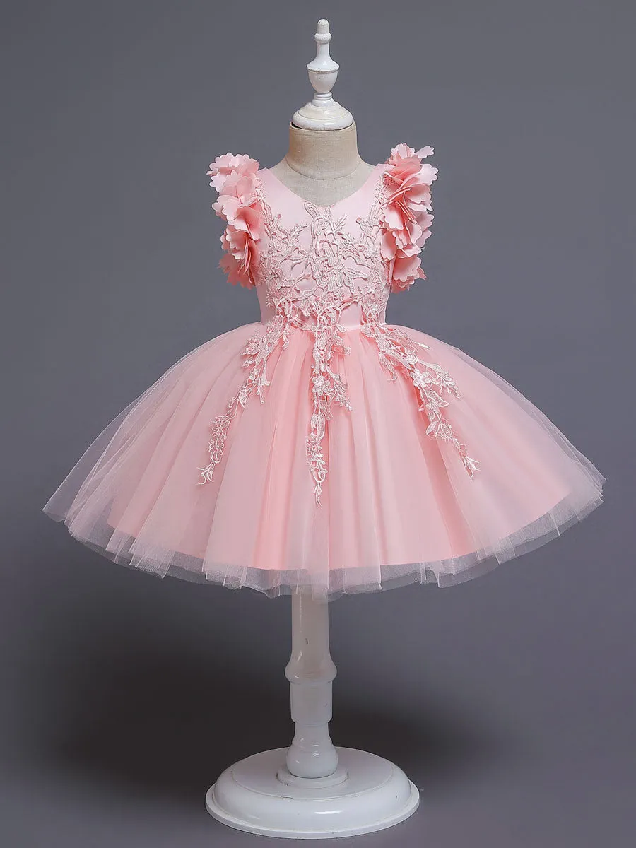White A-Line Zipper V-Neck Sleeveless Tulle Flowers Kids Party Dresses