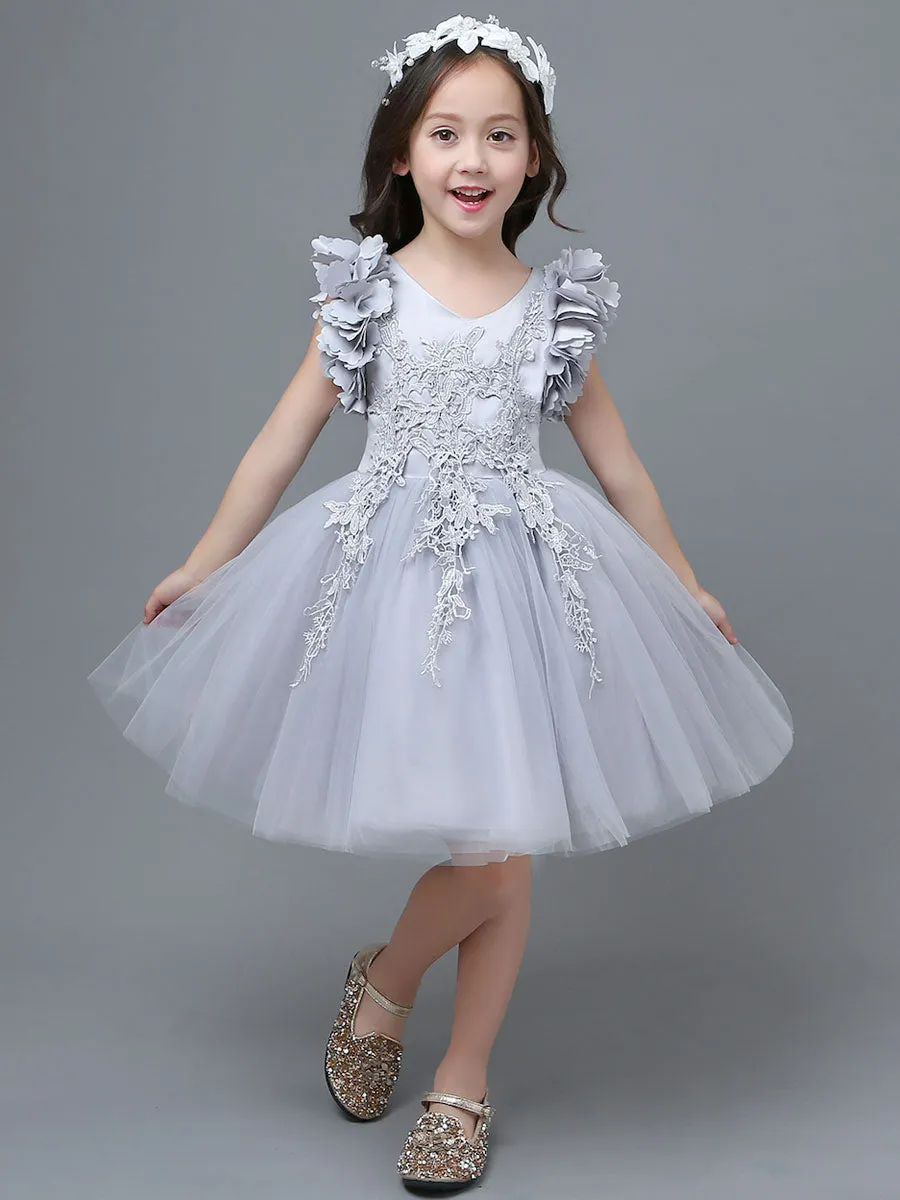 White A-Line Zipper V-Neck Sleeveless Tulle Flowers Kids Party Dresses