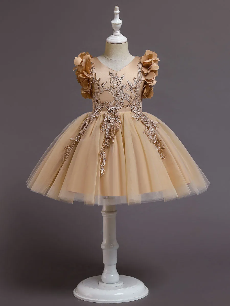 White A-Line Zipper V-Neck Sleeveless Tulle Flowers Kids Party Dresses