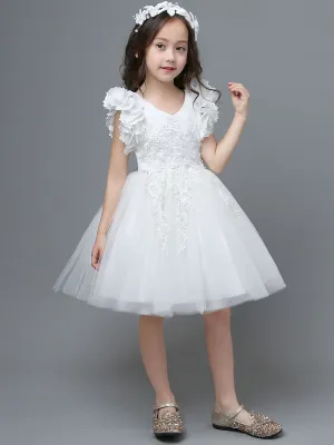 White A-Line Zipper V-Neck Sleeveless Tulle Flowers Kids Party Dresses
