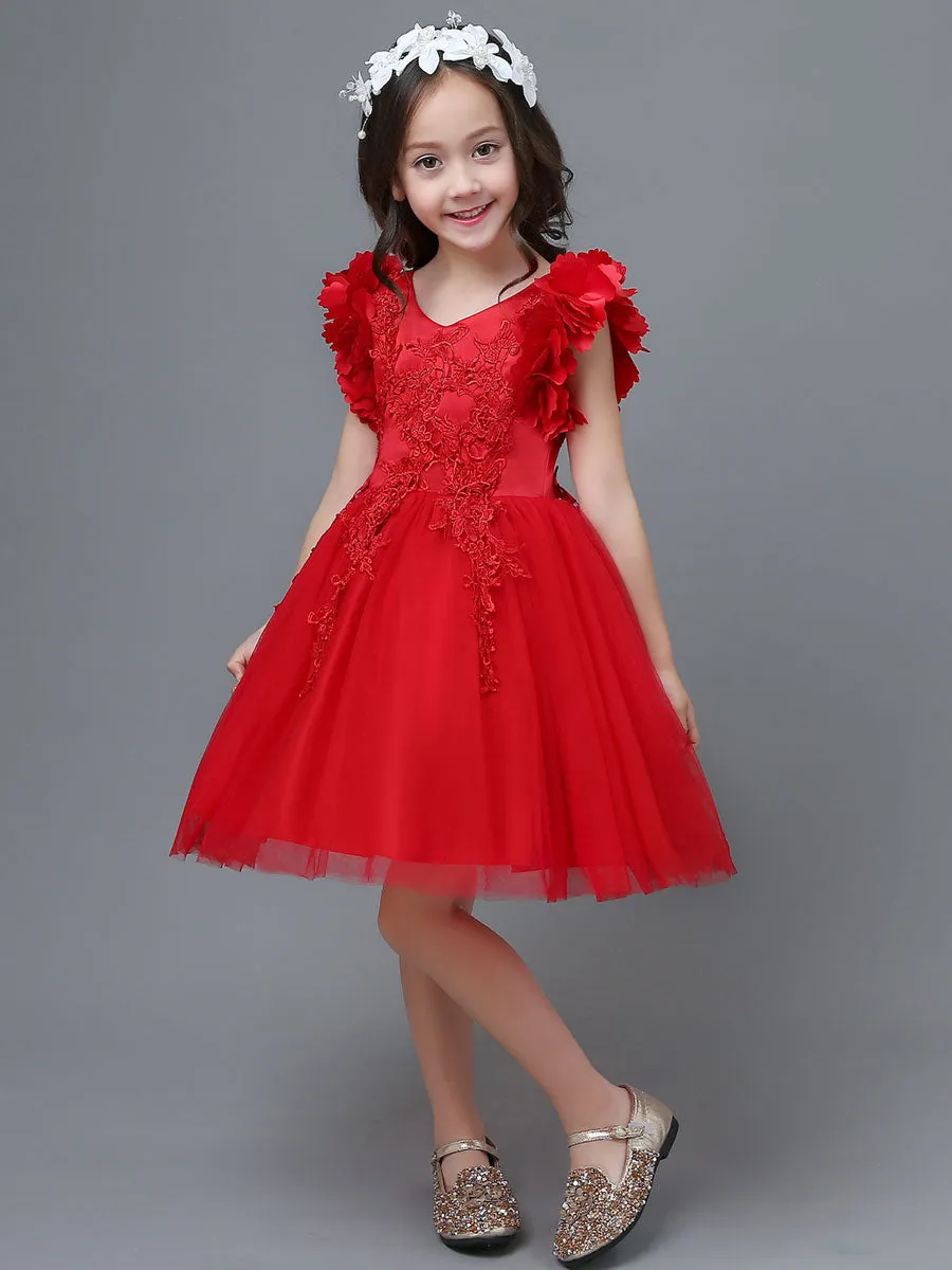 White A-Line Zipper V-Neck Sleeveless Tulle Flowers Kids Party Dresses