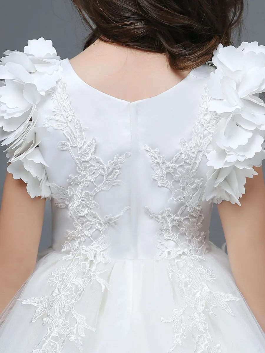 White A-Line Zipper V-Neck Sleeveless Tulle Flowers Kids Party Dresses