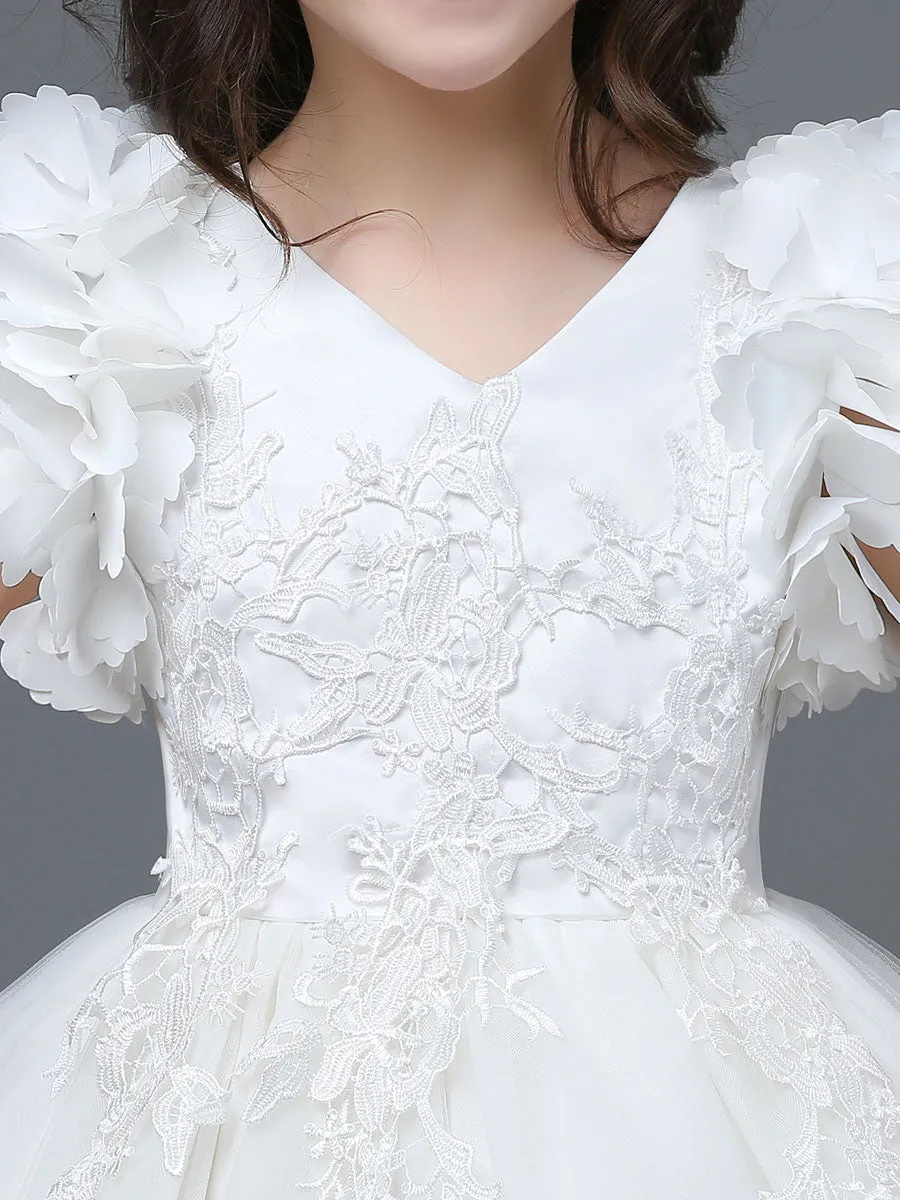 White A-Line Zipper V-Neck Sleeveless Tulle Flowers Kids Party Dresses