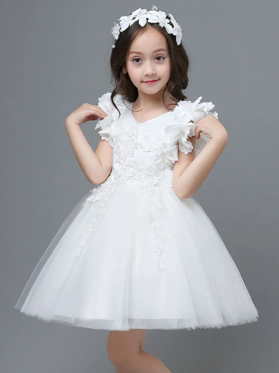 White A-Line Zipper V-Neck Sleeveless Tulle Flowers Kids Party Dresses