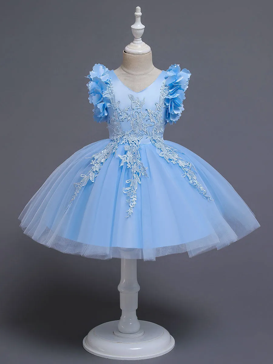 White A-Line Zipper V-Neck Sleeveless Tulle Flowers Kids Party Dresses
