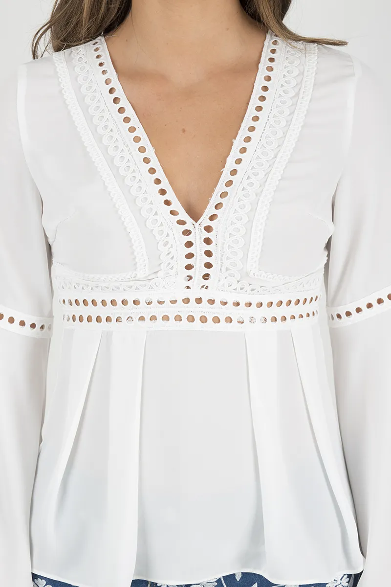 White Crochet Detail Bell Sleeve Top - Catrina