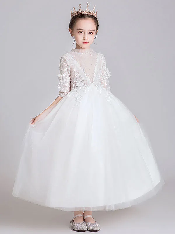 White Jewel Neck Polyester Half Sleeves Ankle-Length Princess Dress Kids Formal Pageant Dresses