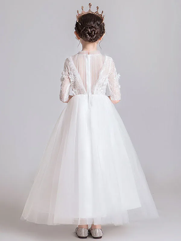 White Jewel Neck Polyester Half Sleeves Ankle-Length Princess Dress Kids Formal Pageant Dresses