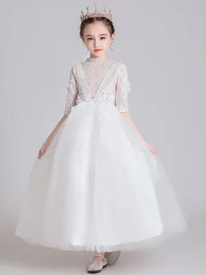 White Jewel Neck Polyester Half Sleeves Ankle-Length Princess Dress Kids Formal Pageant Dresses