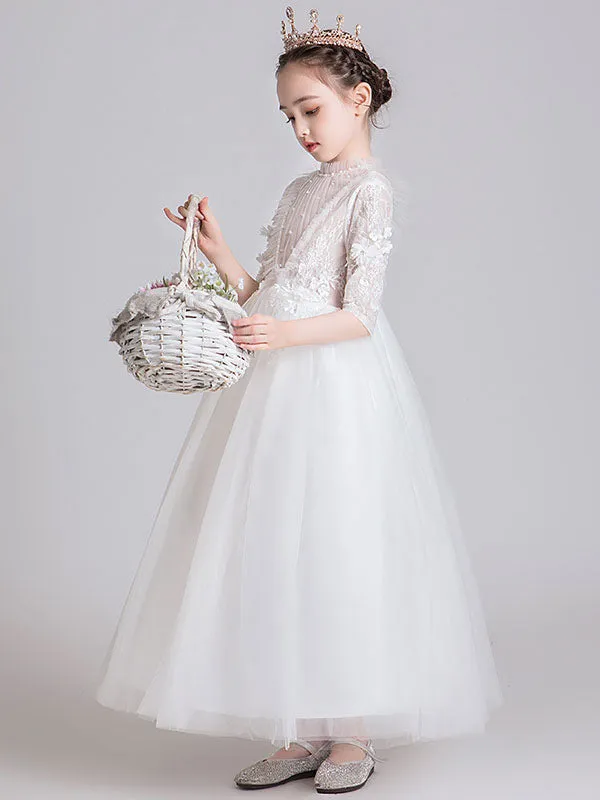 White Jewel Neck Polyester Half Sleeves Ankle-Length Princess Dress Kids Formal Pageant Dresses