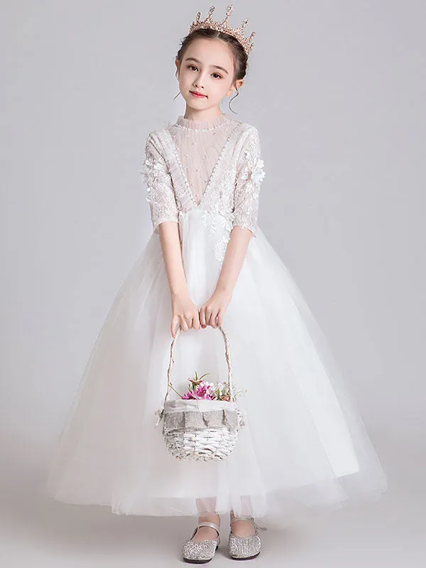 White Jewel Neck Polyester Half Sleeves Ankle-Length Princess Dress Kids Formal Pageant Dresses