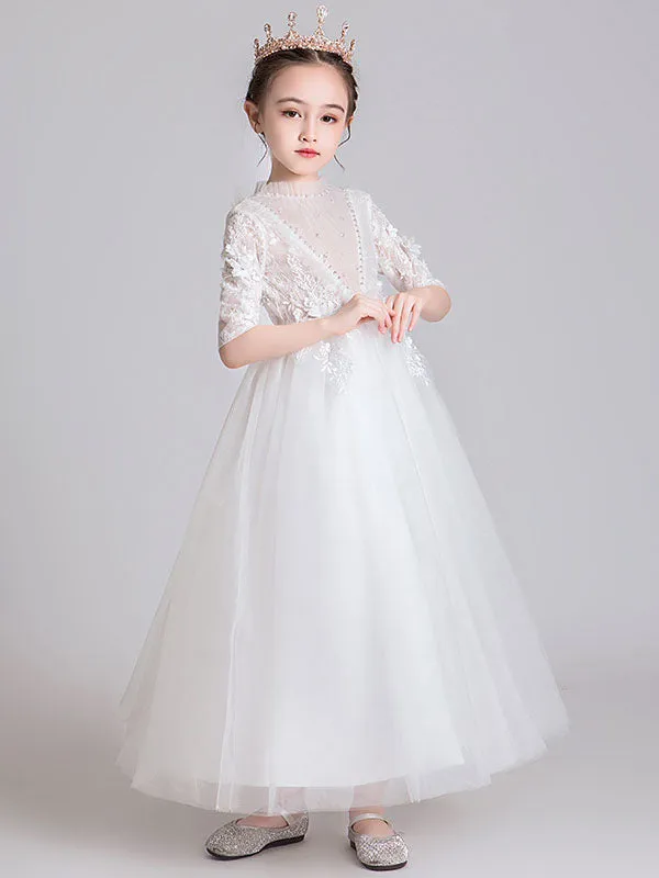 White Jewel Neck Polyester Half Sleeves Ankle-Length Princess Dress Kids Formal Pageant Dresses