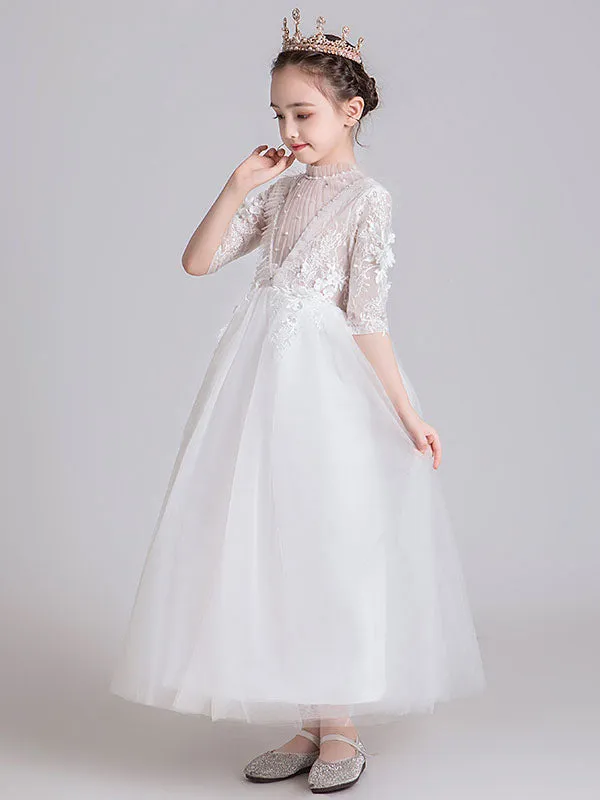 White Jewel Neck Polyester Half Sleeves Ankle-Length Princess Dress Kids Formal Pageant Dresses