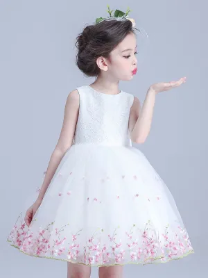 White Jewel Neck Sleeveless Bows Kids Social Party Dresses