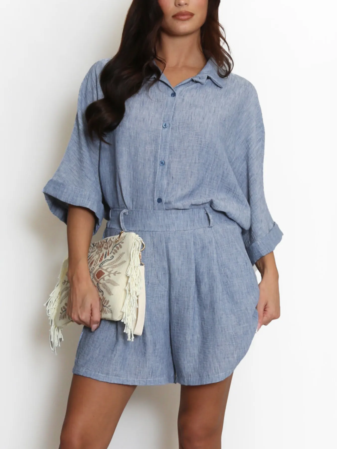 White Linen Look Shorts Set
