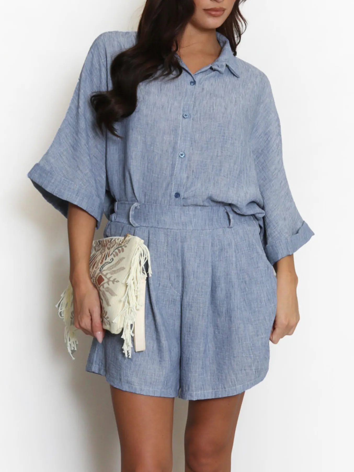 White Linen Look Shorts Set
