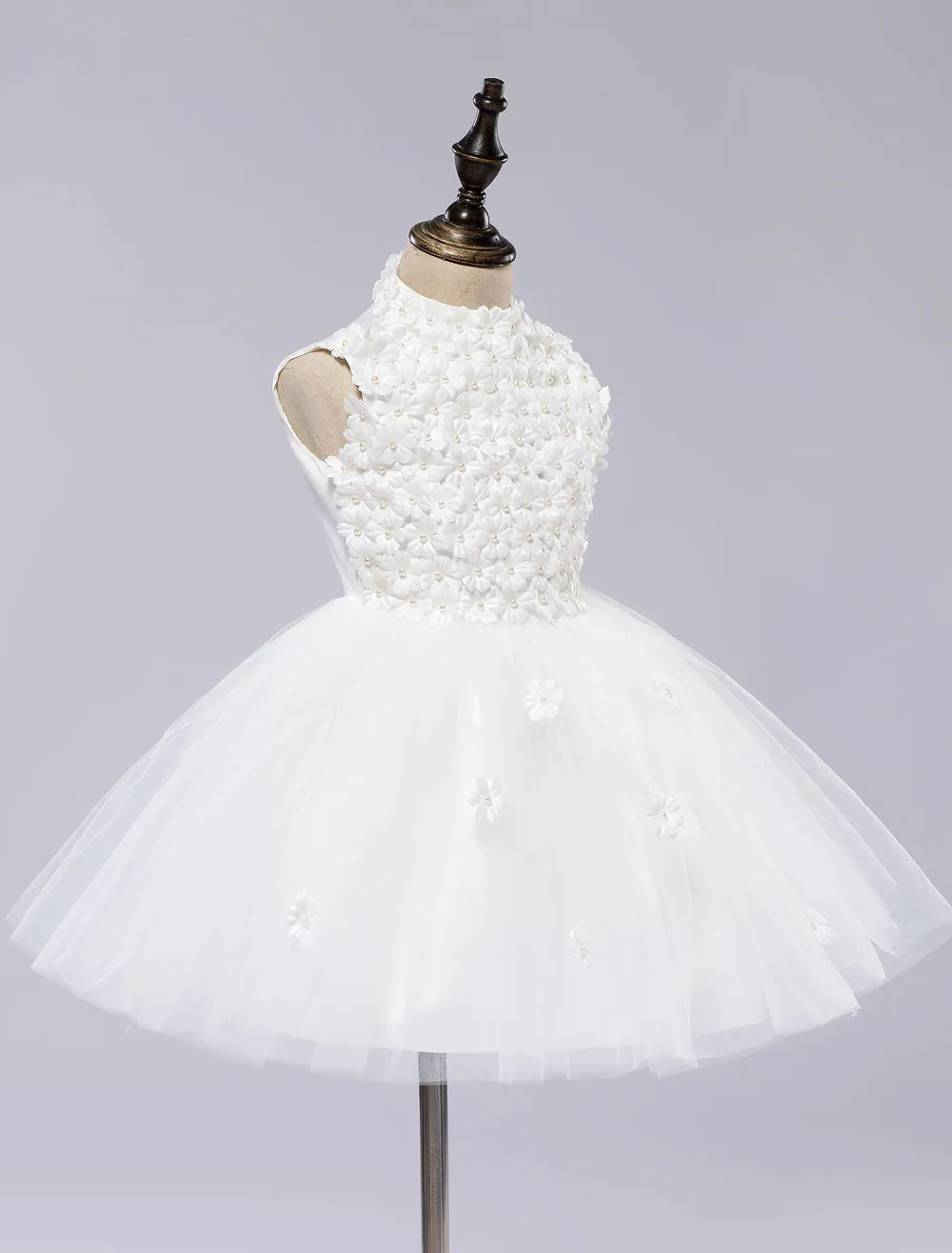 White Pageant Tutu Dress With Lace Flower Applique flower girl dress